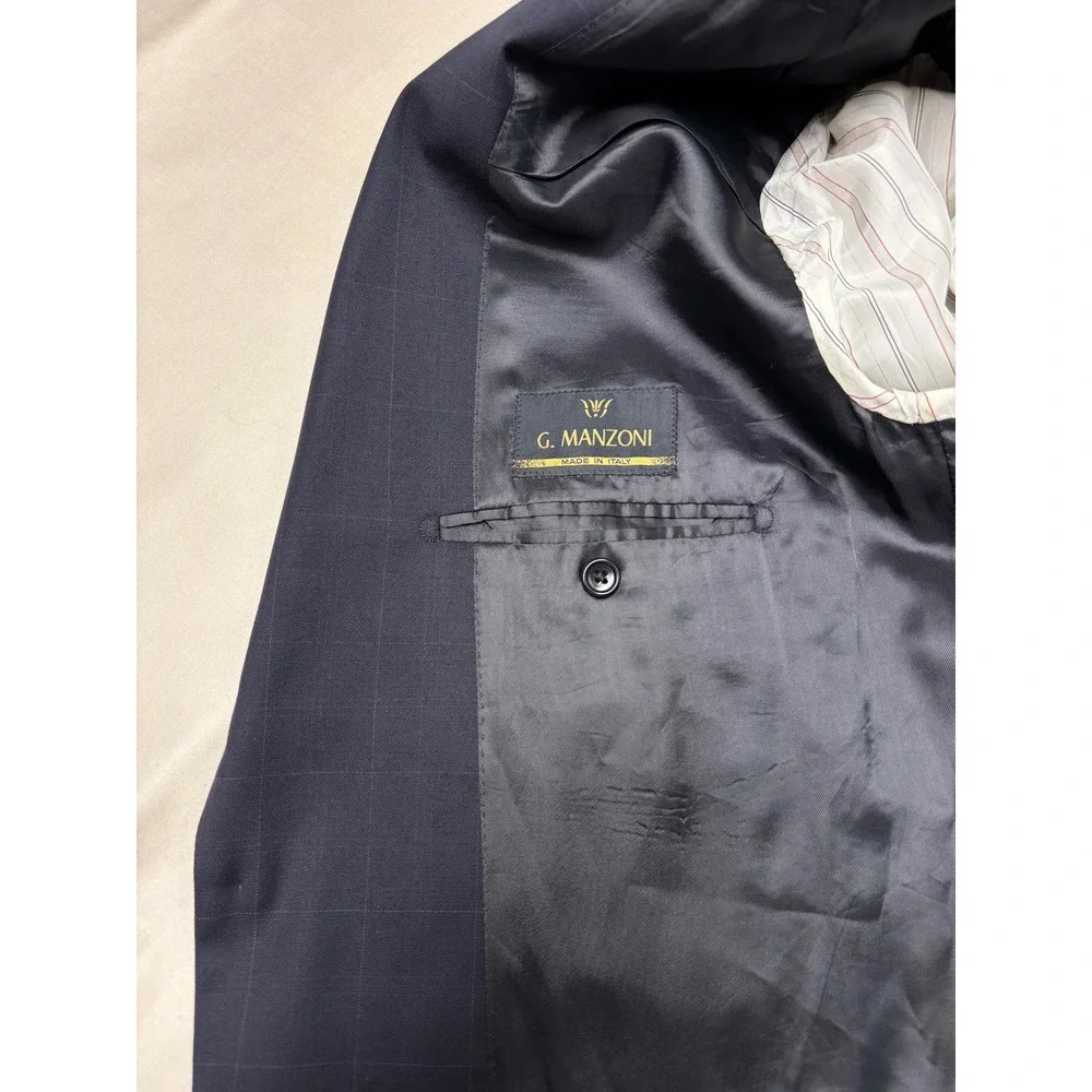 Gianni Manzoni Navy Windowpane Suit Reda Super 110s Wool Italy Mens 46L W38 L29